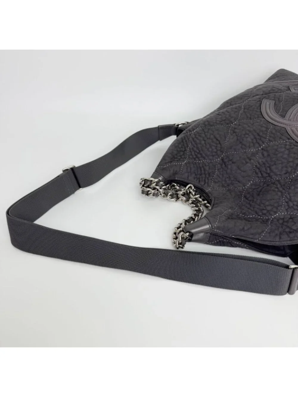 Chanel Sports Line CC Logo Chain Shoulder Bag Suede Leather Gray Silver Vintage